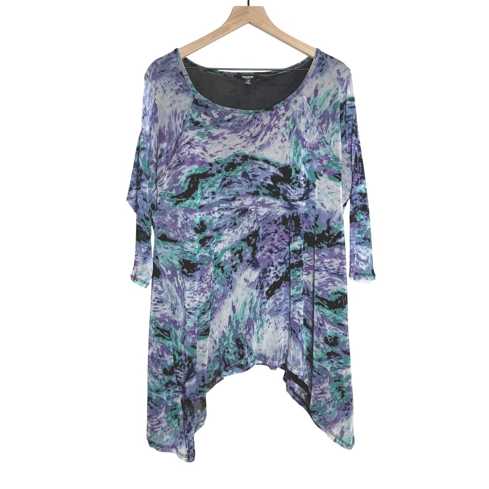 Premise Womens Knit Top 2X Purple Blue Abstract Sheer Lined Casual Tie Dye